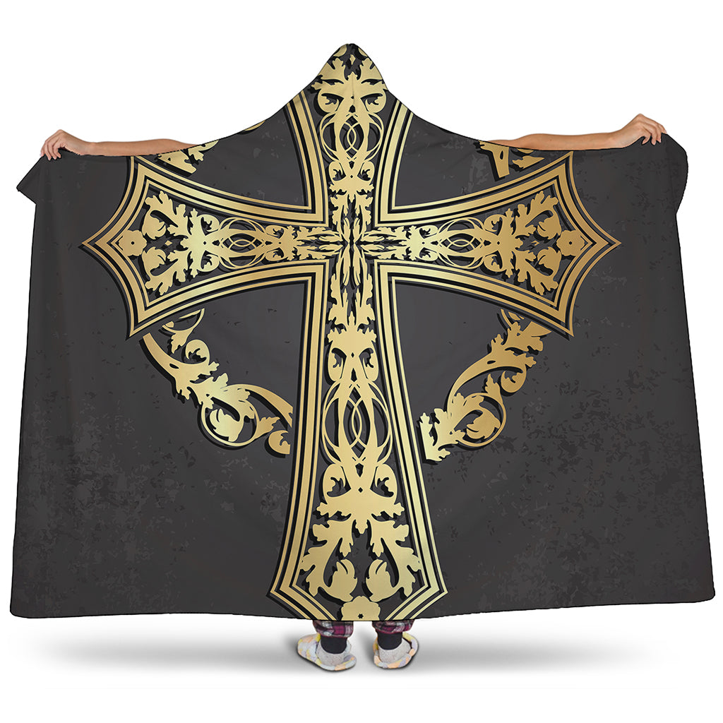 Ornamental Golden Cross Print Hooded Blanket