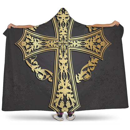 Ornamental Golden Cross Print Hooded Blanket