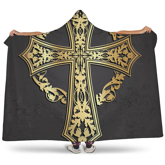 Ornamental Golden Cross Print Hooded Blanket