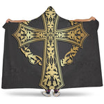 Ornamental Golden Cross Print Hooded Blanket