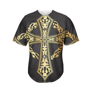 Ornamental Golden Cross Print Men's Baseball Jersey