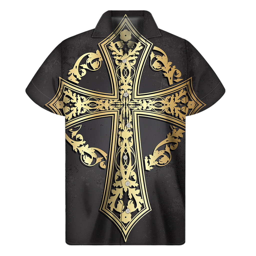 Ornamental Golden Cross Print Men's Short Sleeve Shirt