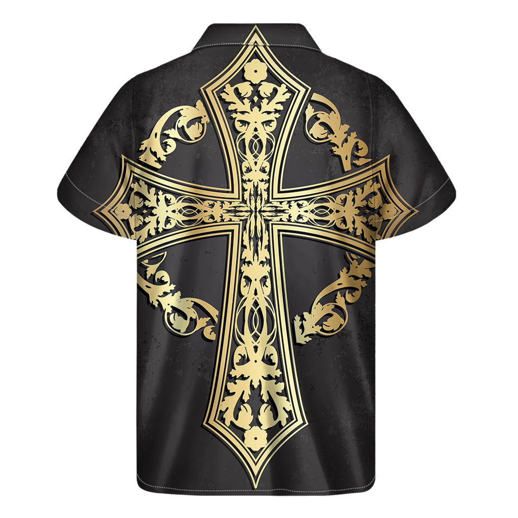 Ornamental Golden Cross Print Men's Short Sleeve Shirt