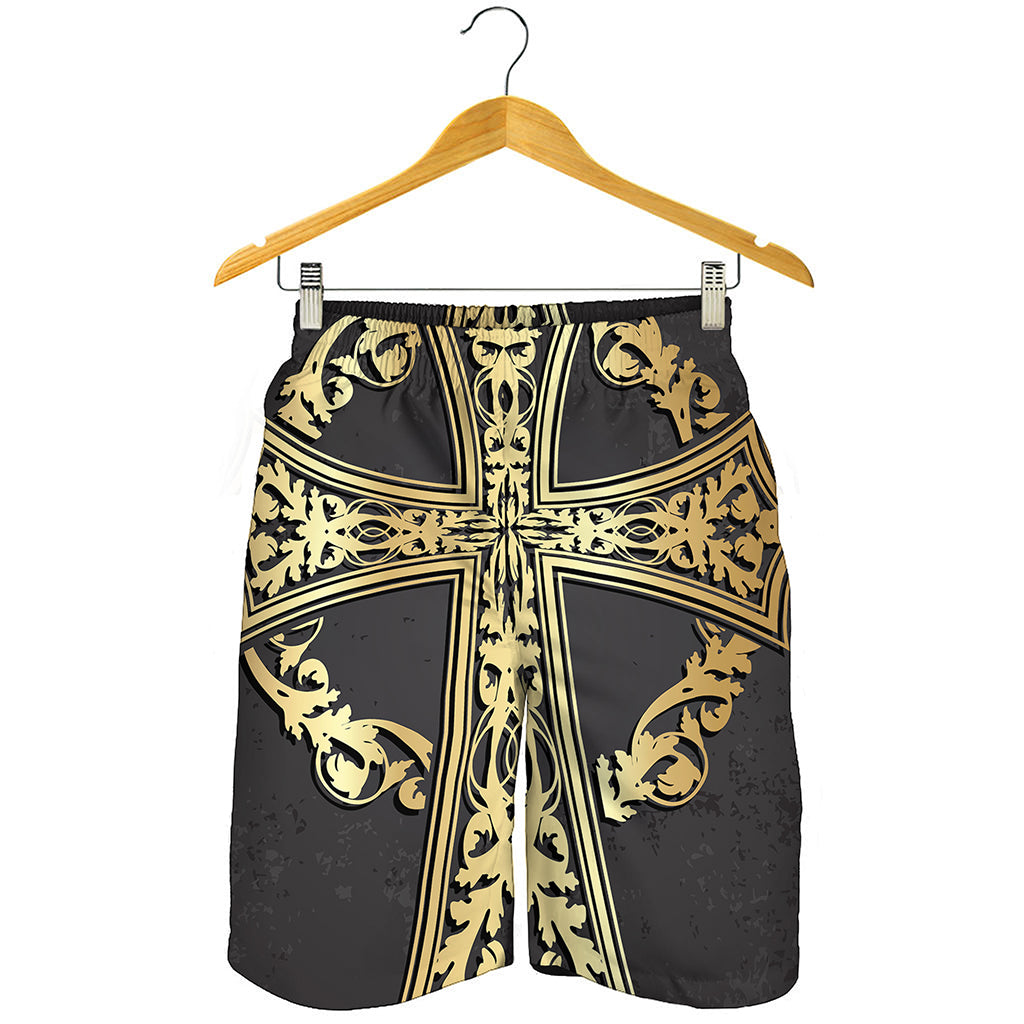 Ornamental Golden Cross Print Men's Shorts