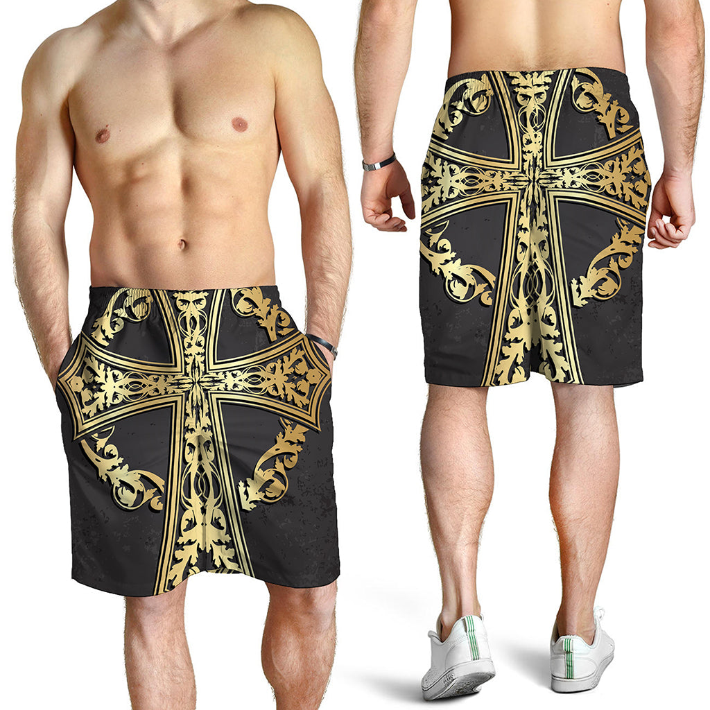 Ornamental Golden Cross Print Men's Shorts