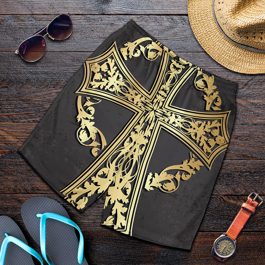 Ornamental Golden Cross Print Men's Shorts