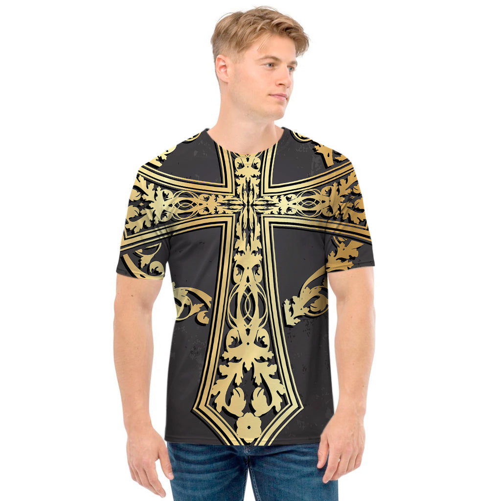 Ornamental Golden Cross Print Men's T-Shirt