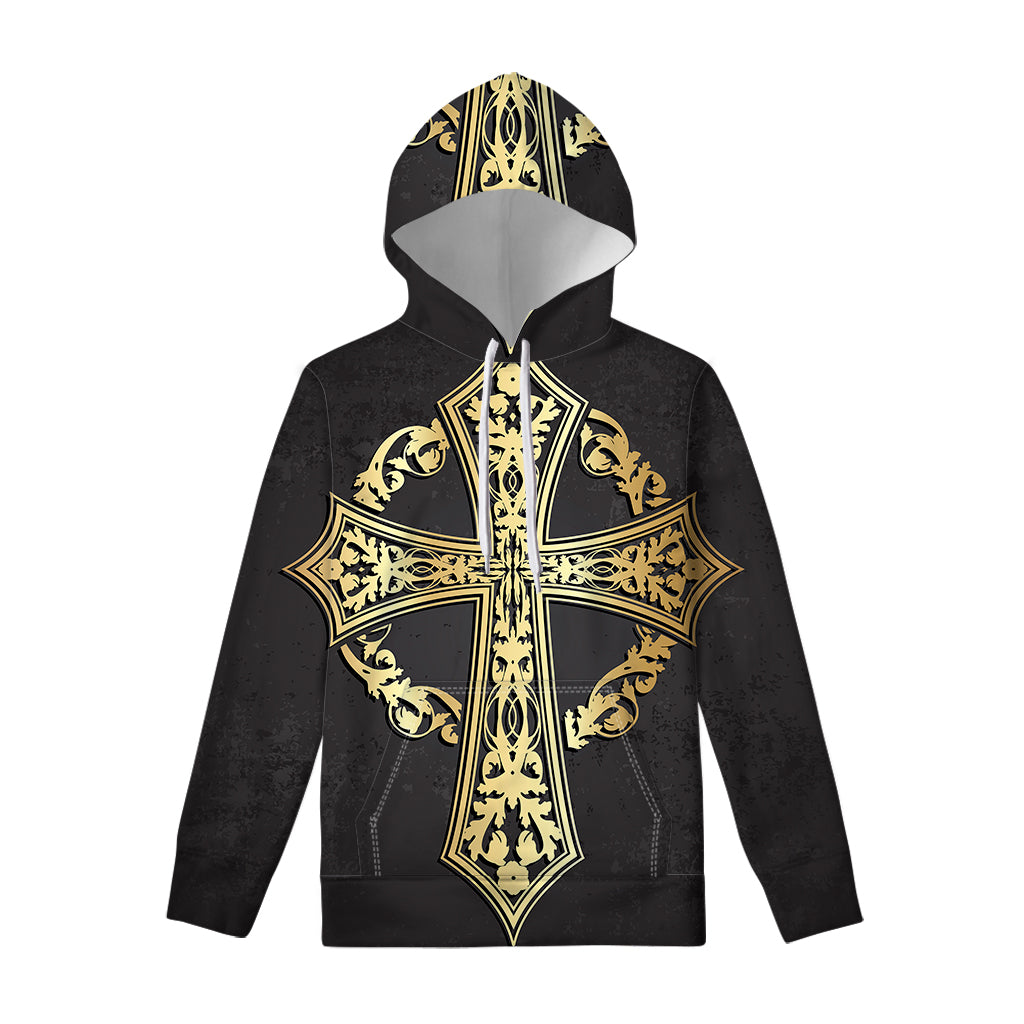 Ornamental Golden Cross Print Pullover Hoodie