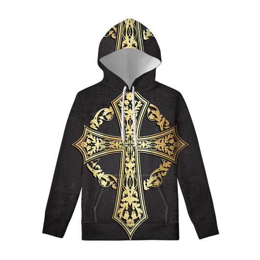 Ornamental Golden Cross Print Pullover Hoodie