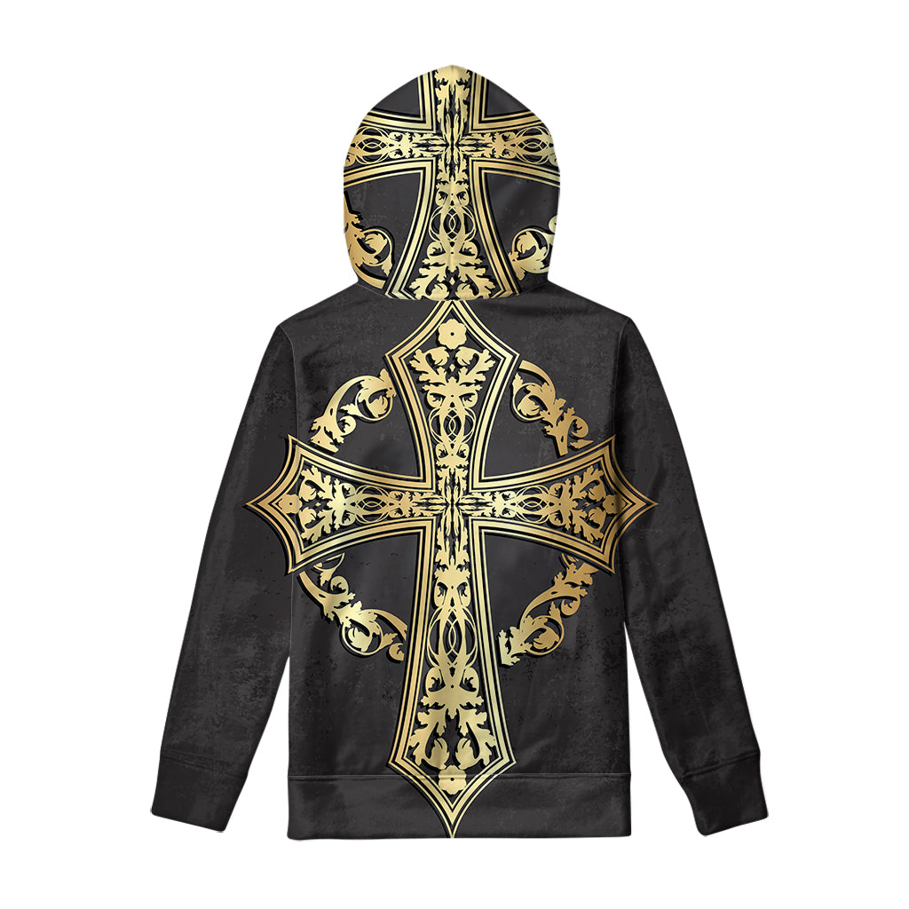 Ornamental Golden Cross Print Pullover Hoodie