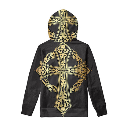 Ornamental Golden Cross Print Pullover Hoodie