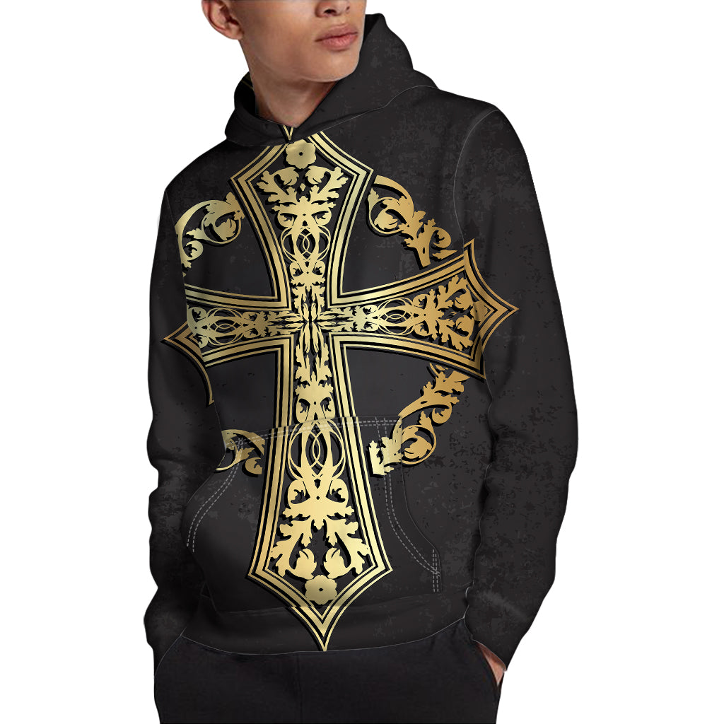 Ornamental Golden Cross Print Pullover Hoodie