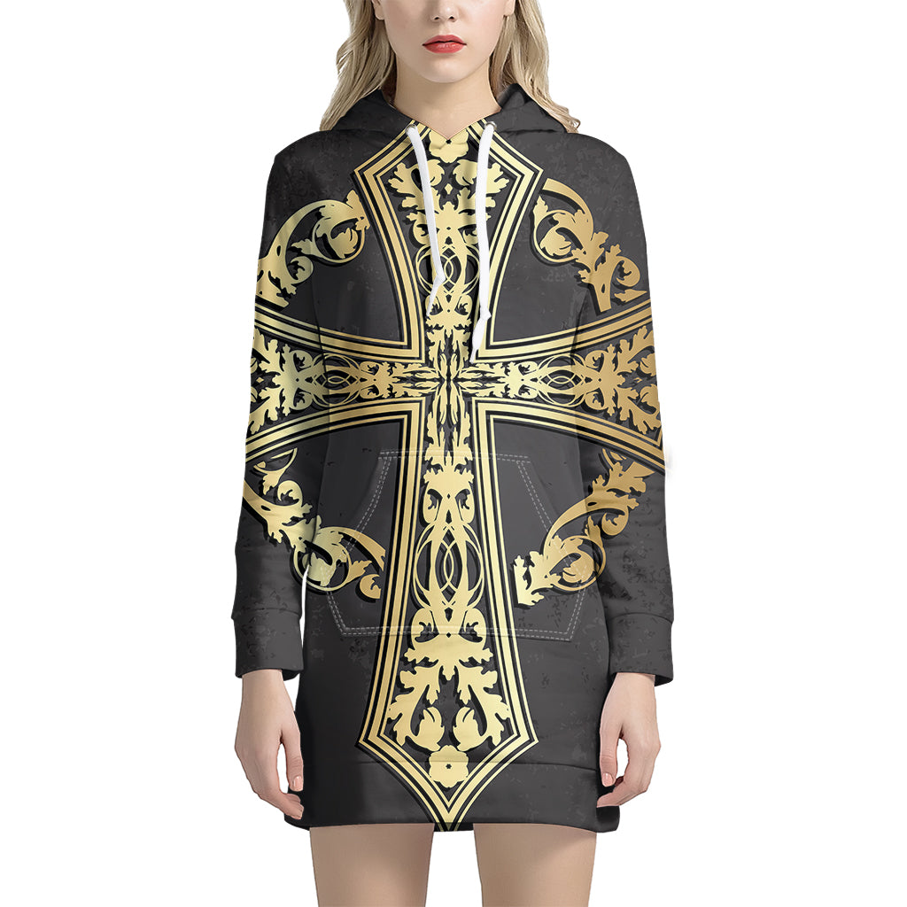 Ornamental Golden Cross Print Pullover Hoodie Dress