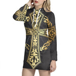 Ornamental Golden Cross Print Pullover Hoodie Dress