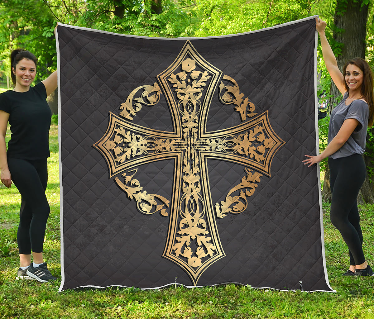 Ornamental Golden Cross Print Quilt