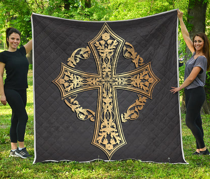 Ornamental Golden Cross Print Quilt
