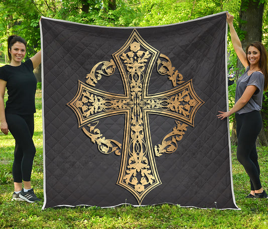 Ornamental Golden Cross Print Quilt