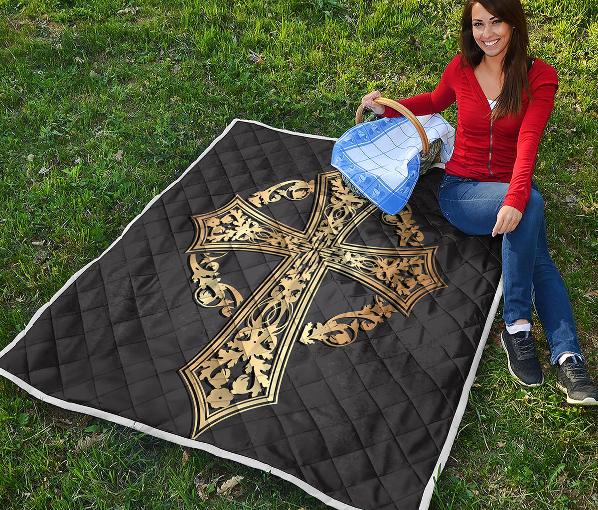 Ornamental Golden Cross Print Quilt