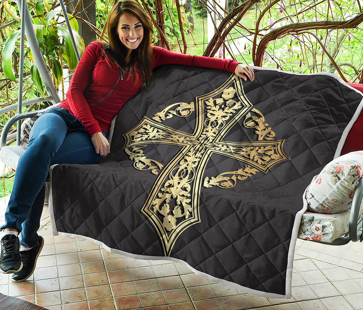 Ornamental Golden Cross Print Quilt