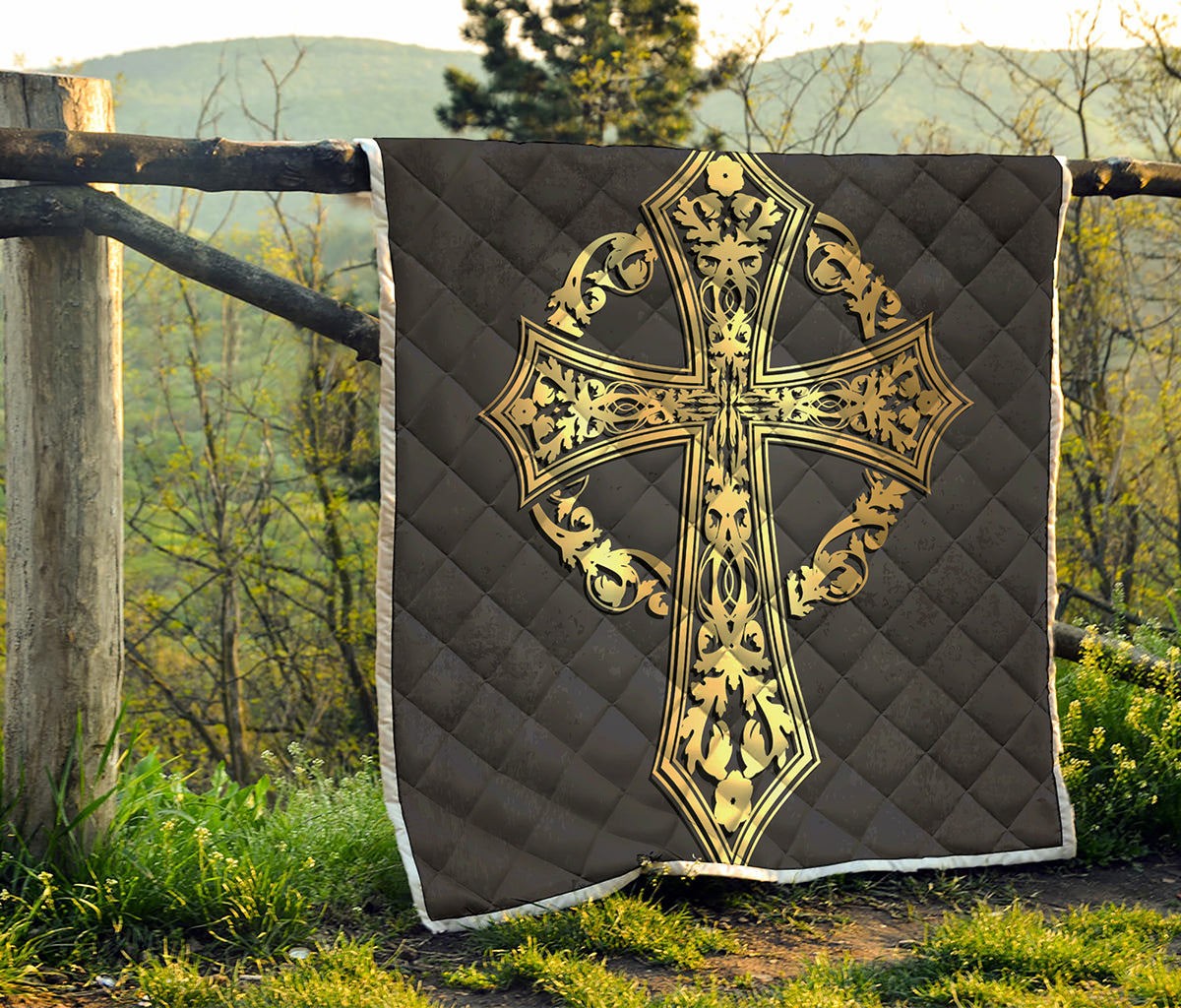 Ornamental Golden Cross Print Quilt