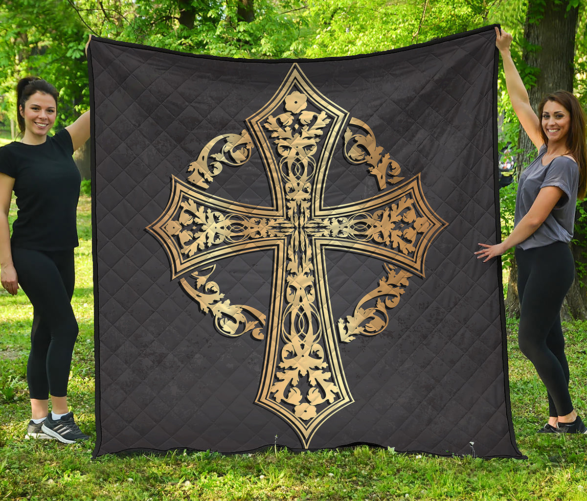 Ornamental Golden Cross Print Quilt