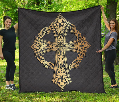 Ornamental Golden Cross Print Quilt