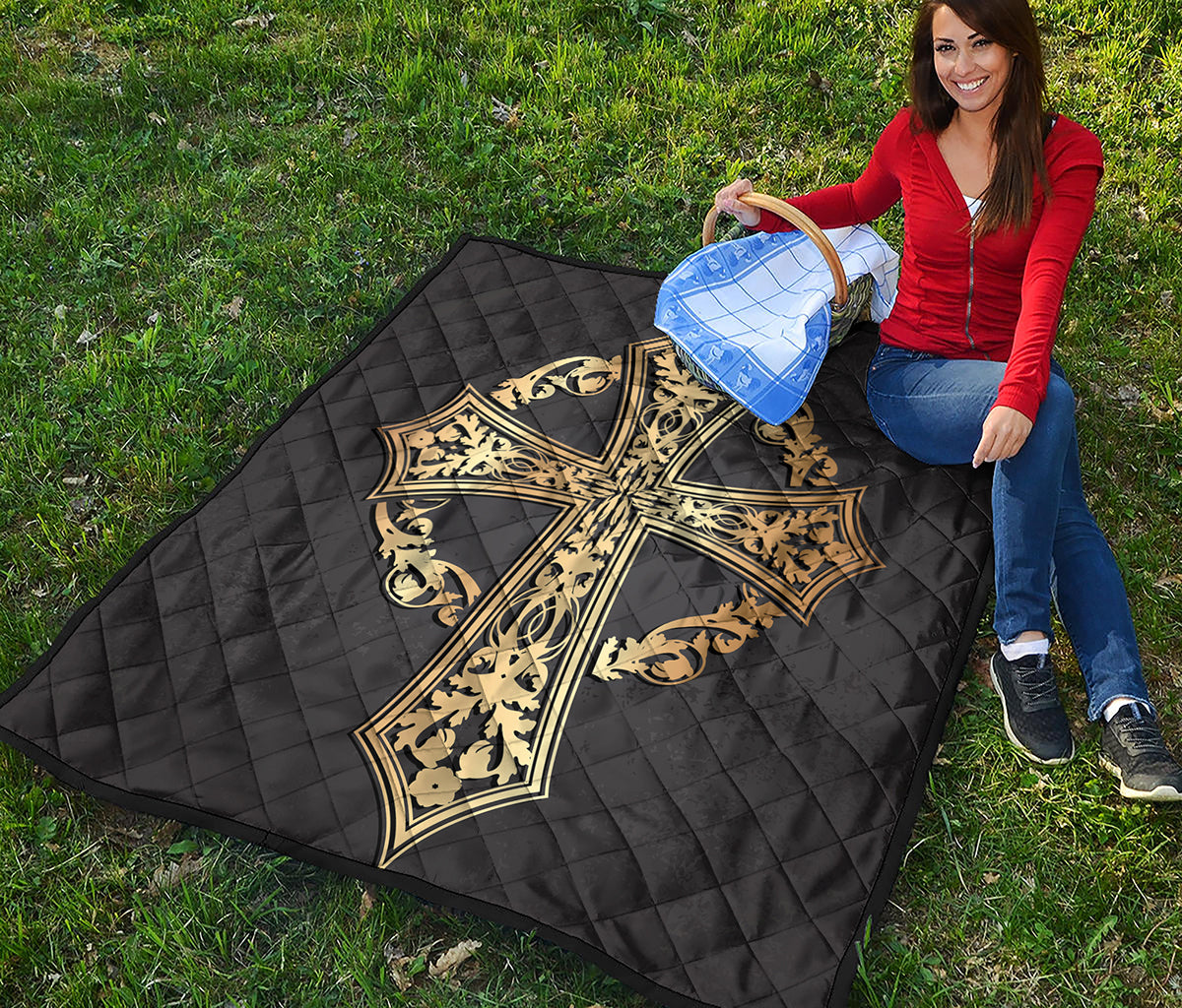 Ornamental Golden Cross Print Quilt