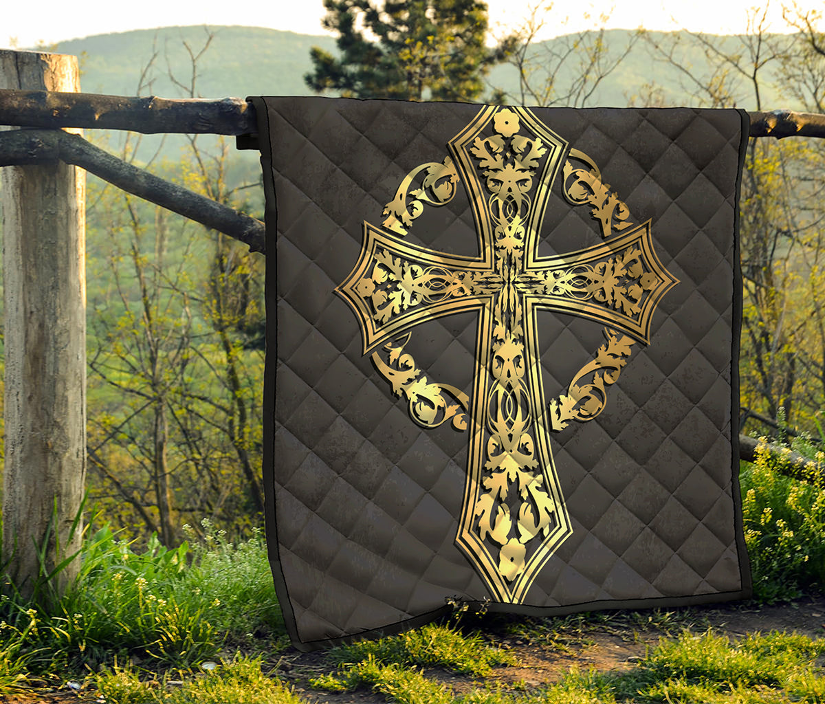 Ornamental Golden Cross Print Quilt