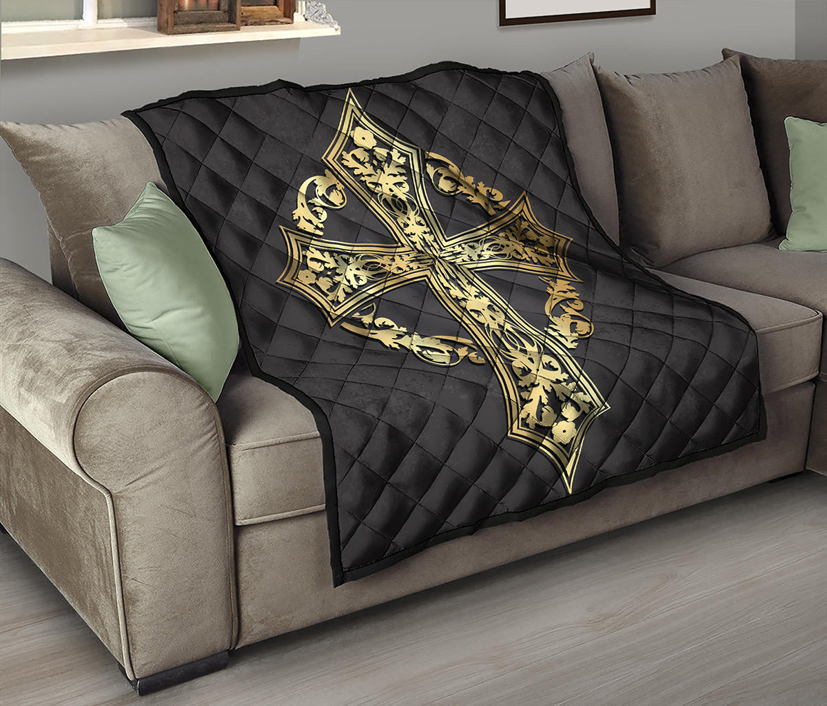 Ornamental Golden Cross Print Quilt