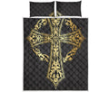 Ornamental Golden Cross Print Quilt Bed Set