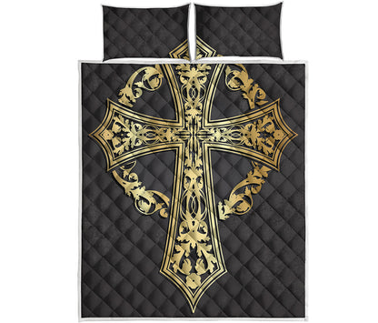 Ornamental Golden Cross Print Quilt Bed Set