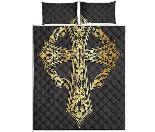 Ornamental Golden Cross Print Quilt Bed Set