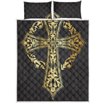 Ornamental Golden Cross Print Quilt Bed Set