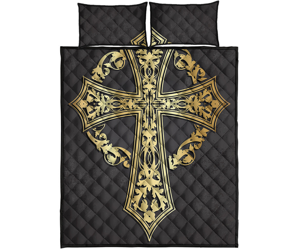 Ornamental Golden Cross Print Quilt Bed Set