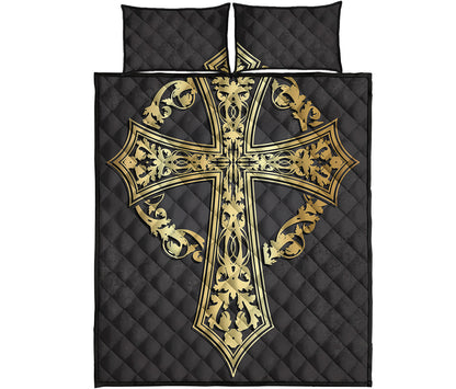 Ornamental Golden Cross Print Quilt Bed Set