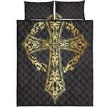 Ornamental Golden Cross Print Quilt Bed Set