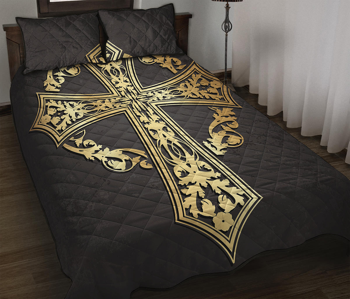 Ornamental Golden Cross Print Quilt Bed Set