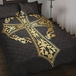 Ornamental Golden Cross Print Quilt Bed Set