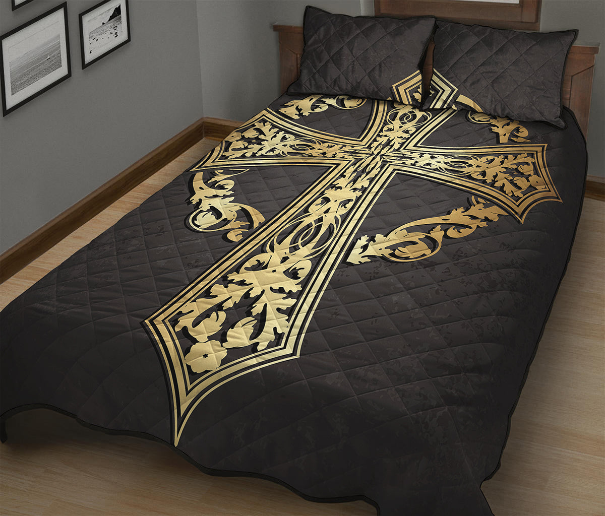 Ornamental Golden Cross Print Quilt Bed Set