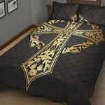 Ornamental Golden Cross Print Quilt Bed Set