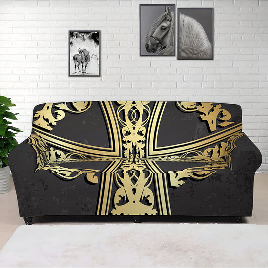Ornamental Golden Cross Print Sofa Cover