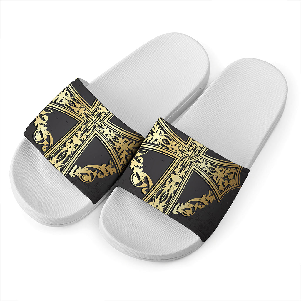Ornamental Golden Cross Print White Slide Sandals