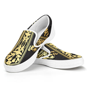 Ornamental Golden Cross Print White Slip On Shoes