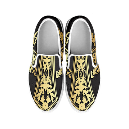 Ornamental Golden Cross Print White Slip On Shoes