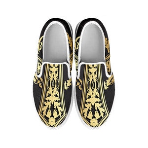 Ornamental Golden Cross Print White Slip On Shoes