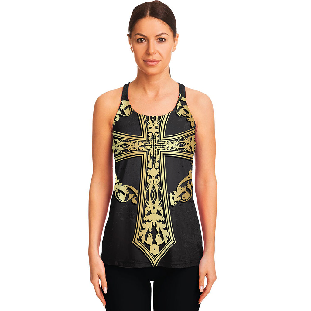 Ornamental Golden Cross Print Women's Racerback Tank Top
