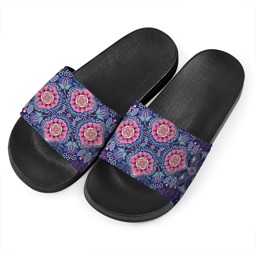 Ornamental Paisley Mandala Print Black Slide Sandals