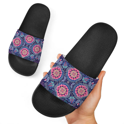 Ornamental Paisley Mandala Print Black Slide Sandals