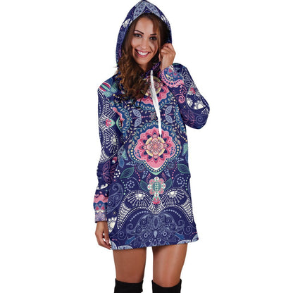 Ornamental Paisley Mandala Print Hoodie Dress GearFrost