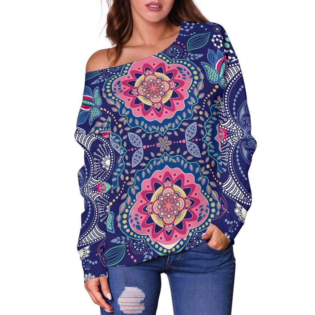 Ornamental Paisley Mandala Print Off Shoulder Sweatshirt GearFrost